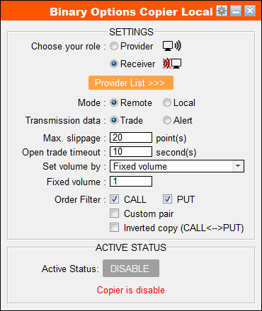 Local binary options copier receiver