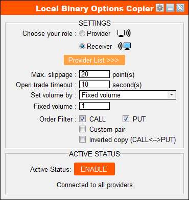 Local binary options copier receiver