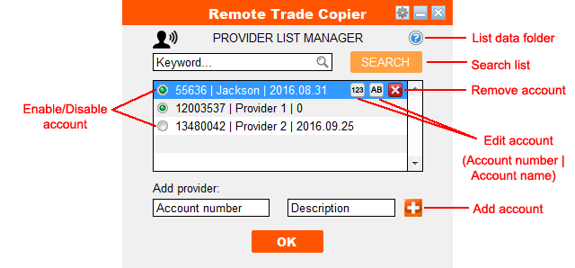 Remote trade copier receiver list